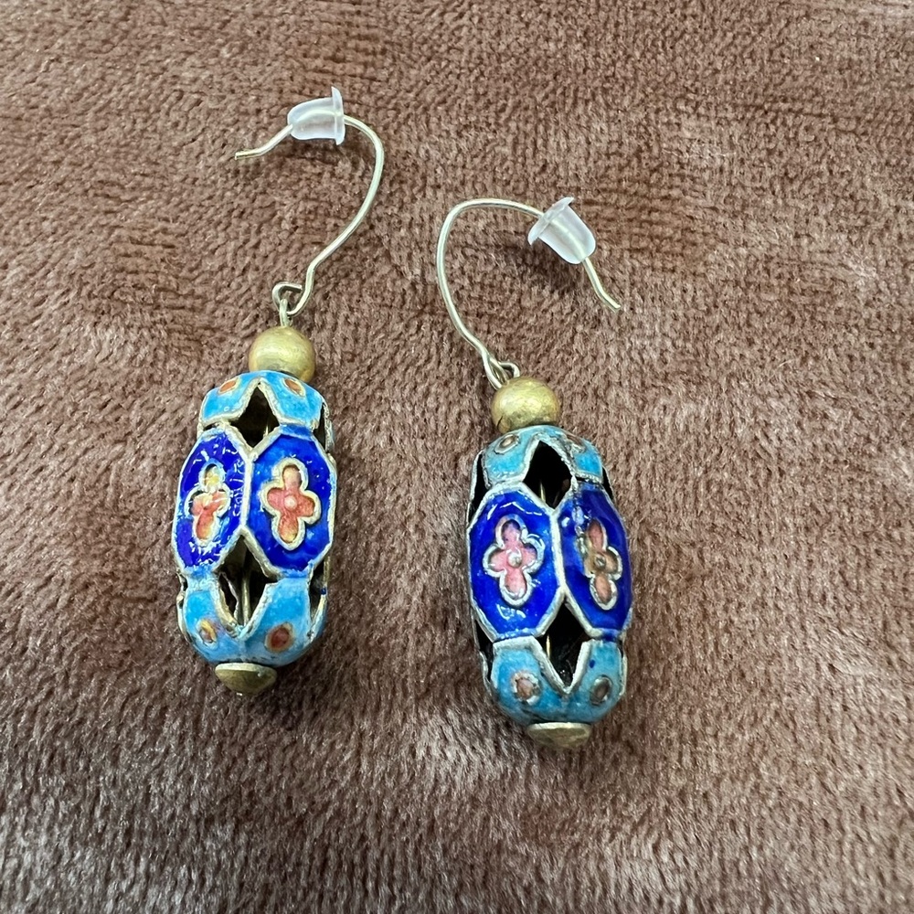Blue Enamel Floral Drop Earrings